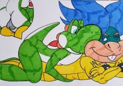 2boys doggy_style laying_down looking_at_one_another looking_at_partner ludwig_von_koopa married married_couple yoshi