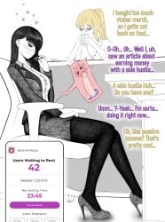 2girls absurdres black_hair blonde_hair blush cellphone cervix clueless color_coded_text deep_penetration eagle_bacon_art english_dialogue english_text female female_only highres mostly_monochrome multiple_girls non-euclidean_sex office_chair office_lady original pantyhose penis phone portal_(object) portal_panties portal_sex prostitution purple_eyes sex sitting stealth_sex uterus vaginal_penetration x-ray