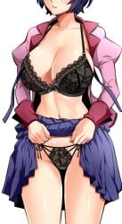 black_bra black_panties bow bow_bra bow_panties bra breasts cleavage clothes_lift commentary_request female hanekawa_tsubasa highres itachou juliet_sleeves large_breasts lifting_own_clothes lingerie long_sleeves monogatari_(series) naoetsu_high_school_uniform navel open_clothes panties parted_lips pink_shirt pleated_skirt puffy_sleeves purple_hair purple_skirt school_uniform shirt short_hair skirt skirt_hold skirt_lift solo underwear