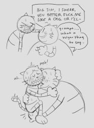 2025 anthro big_jim_(dog_man) blush closed_eyes dialogue dogman_(series) domestic_cat duo english_text felid feline felis fingering grampa_(dog_man) hi_res hug licking male male/male mammal monochrome ohmeowgay overweight profanity simple_background text tongue