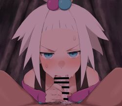 1boy absurdres aqua_eyes bar_censor bare_shoulders blush censored commentary_request cum cum_in_mouth cum_overflow fellatio female hair_bobbles hair_ornament highres konro_(fztc3774) male_pubic_hair off-shoulder_shirt off_shoulder oral penis pokemon pokemon_bw2 pubic_hair roxie_(pokemon) shirt solo_focus straight sweat topknot white_hair