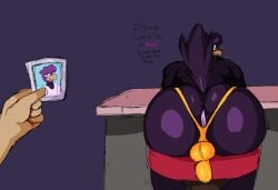 alternate_universe anthro ass avian balls bar_stool big_butt butt_focus clothed clothing colored digital_drawing_(artwork) digital_media_(artwork) duo english_text feathers furniture genitals huge_butt human jockstrap looking_at_viewer male male/male mammal penis photo purple_body shaded stool tail text underwear virgo_(virgobiologist) virgobiologist widescreen