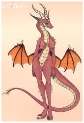 2025 bald blue_eyes breasts dragon female_focus furry horns mega_novelatus naked nonsexual_nudity red_body scalie spikes tagme tail wings