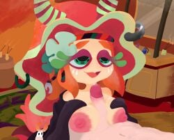 1boy 1girls female flow_(splatoon) headwear huge_nipples male male/female male_on_female open_mouth orange_hair paizuri sea_slug smiling splatoon titfuck