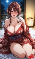 1girls ai_generated anehame_ore_no_hatsukoi_ga_jisshi_na_wake_ga_nai beauty_mark bed big_breasts blush blushing brown_hair cleavage dh_lucky drunk female japanese_clothes kimono light_skin looking_at_viewer nipples nude nude_female open_mouth pale-skinned_female pale_skin purple_eyes red_hair resort sakagami_rio sake sake_bottle tatami thick_thighs yukata