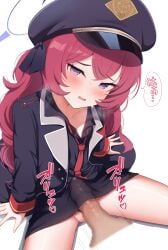 absurdres aoto_mei black_jacket black_panties black_shirt black_skirt blue_archive blush breasts censored commentary_request female halo hat highres iroha_(blue_archive) jacket long_hair long_sleeves looking_at_viewer loose_necktie military_hat military_jacket miniskirt mosaic_censoring necktie open_mouth paid_reward_available panties peaked_cap pencil_skirt penis purple_eyes purple_halo red_hair red_necktie shirt simple_background sitting skirt small_breasts smile solo_focus speech_bubble underwear variant_set wavy_hair white_background young