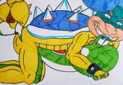 2boys anal anal_sex anthro anthro_on_anthro blue_eyes blue_hair doggy_style duo eye_contact furry furry_male furry_only gay gay_sex green_skin green_yoshi holding_hands koopa koopaling laying_down looking_at_one_another looking_at_partner ludwig_von_koopa male male/male mario_(series) married married_couple nintendo penis penis_in_anus reptile scalie sex shell spiked_shell spikes tail yaoi yoshi