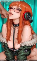 ai_generated areola_slip areolae bangs bare_shoulders black-framed_eyewear blunt_bangs blush breasts collarbone cuckingmama eyebrows_visible_through_hair female fur-trimmed_coat fur-trimmed_jacket fur_collar fur_trim glasses green_jacket headphones jacket leaning_forward long_hair looking_up medium_breasts nipples off_shoulder open_mouth orange_hair out_of_frame purple_eyes sakura_futaba saliva solo_focus straight tagme tongue tongue_out