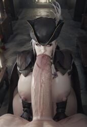 1girls 3d 3d_(artwork) ai_assisted ai_generated artist_request bloodborne breasts cape fellatio female fromsoftware gothic hat huge_cock lady_maria_of_the_astral_clocktower light-skinned_female light-skinned_male nipples oral pale-skinned_female pale_skin penis penis_bigger_than_head pov thick_lips veiny_penis white_hair