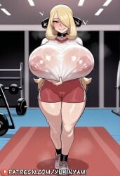 1boy 1girls ai ai_generated bedroom_eyes big_breasts blush breasts breasts_bigger_than_head clothing cynthia_(pokemon) english eyes female feminine feminine_body feminine_pose gym gym_clothes gym_shorts gym_uniform heart huge_breasts large_breasts long_hair nipples open_mouth patreon patreon_username pokemon pokemon_dppt pussy pussy_lips red_shorts sexy shirt shoes shorts slender straight sweat teeth text thick_thighs thighhighs thighs uncensored wet white_shirt white_shoes yukinyami