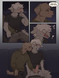 absurd_res anthro biped canid canine canis closed_eyes clothed clothing cute_fangs dialogue domestic_dog duo erection erection_under_clothing eyewear fangs fingers fur glasses grey_body grey_fur grey_tail hair handjob hi_res male male/male mammal penile sex sgguzz sitting speech_bubble tail tan_body tan_fur teeth text tongue