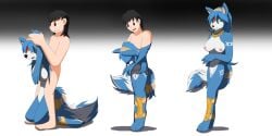 2017 2:1 accessories_only anthro areola biped black_hair black_nose blue_body blue_ears blue_fur blue_hair blue_tail bottomless breasts brown_eyes canid canine clothed clothing colored costume countershade_face countershade_fur countershade_neck countershade_torso countershading female female_anthro fox fur fursuit gender_transformation genitals green_eyes hair human human_to_anthro jewelry john_(swack16) krystal_(star_fox) male male_human mammal markings mtf_transformation multicolored_body necklace nintendo nipples nude open_mouth pussy simple_background smile solo species_transformation standing star_fox tail teeth topless transformation white_body white_fur white_markings wolferion