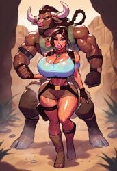 ai_generated big_ass big_breasts bimbo brown_hair civitai cleavage desert fully_clothed fully_clothed_female lara_croft larger_male minotaur muscular_male ponytail standing sweat tagme thick_thighs tomb_raider totallynotafurry789 voluptuous wide_hips