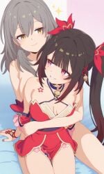 2girls ai_generated bed black_hair breasts female girly grey_hair happy honkai:_star_rail honkai_(series) honkai_impact_3rd hoyoverse long_hair nude nude_female pink_eyes seductive_smile sparkle_(honkai:_star_rail) stelle_(honkai:_star_rail) twintails yellow_eyes