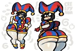annacrazytoivo confusion female glitch_productions jester jester_hat jester_outfit pomni pomni_(tadc) pomni_(the_amazing_digital_circus) shortstack thick_thighs thunder_thighs wide_hips