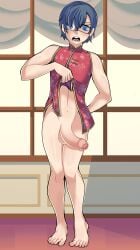 1boy barefoot black_butler chinese_dress ciel_phantomhive eye_patch feet femboy floral_print indoors kuroshitsuji lifting_dress looking_at_own_penis male male_focus male_only penis solo uncircumcised yuunsfw