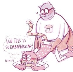 2025 anthro big_jim_(dog_man) blush closed_eyes dogman_(series) domestic_cat duo english_text eyewear felid feline felis glasses grampa_(dog_man) heart_symbol hi_res male mammal overweight overweight_male sex simple_background sirrantsalo superhero_costume text