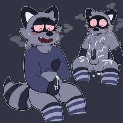 1:1 bloodshot_eyes bodily_fluids breath clothed clothing clothing_lift cum cum_covered cum_on_self cumshot ejaculation fur genderfluid genital_fluids grey_body grey_fur hi_res legwear looking_pleasured male mammal markings masturbation messy nighttime_fishy nonbinary_(lore) oliver_(ohmygoditguppy) procyonid raccoon ring_(marking) ringed_tail shirt shirt_lift solo striped_markings striped_tail stripes surprised_expression sweat sweatdrop tail tail_markings thigh_highs topwear trans_(lore)
