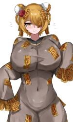 1girls blonde_hair blush braided_hair don_quixote_(limbus_company) e.g.o_(project_moon) female female_only hair_buns limbus_company long_sleeves navel navel_visible_through_clothes project_moon skindentation smile solo talisman thick_thighs tied_hair wide_hips www1_(artist) yellow_eyes