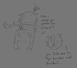 2025 all_fours anthro anus big_jim_(dog_man) blush bodily_fluids dialogue dogman_(series) domestic_cat ellipsis english_text felid feline felis grampa_(dog_man) hi_res male mammal monochrome ohmeowgay open_mouth simple_background spank_marks sweat text x_anus