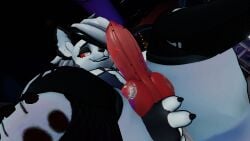1futa 3d big_ass big_breasts canid canid_demon canine_penis demon futanari helluva_boss kiss_mark kiss_mark_on_penis knot knotted_penis legs_up loona_(helluva_boss) penis_piercing pierced_genitals red_sclera sloppydragons solo thick_thighs vrchat white_fur
