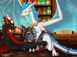 4:3 absurd_res anthro anthro_on_feral big_penis black_body black_scales blue_hair bottomwear breasts claws clothing dragon dreyk-daro fangs female female_anthro feral genitals group group_sex hair handjob hi_res horn inside loincloth male male/female male_feral membrane_(anatomy) membranous_wings mythological_creature mythological_scalie mythology nipples non-mammal_breasts non-mammal_nipples penile penis potion potion_bottle scales scalie sex spiked_tail spikes spikes_(anatomy) tail tail_tuft tapering_penis teeth threesome toe_claws trio tuft ventral_scales white_body white_scales wings yellow_eyes zoophilia