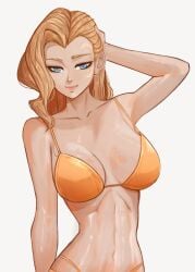 2025 bikini blonde_hair blue_eyes breasts cleavage cloak_and_dagger dagger_(marvel) dagger_(marvel_rivals) female female_only gelldraws hand_on_head long_hair marvel marvel_comics marvel_rivals orange_bikini pink_lips swimsuit white_background