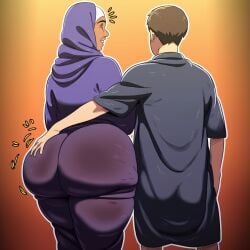 ai_generated ass d-art_style dark-skinned_female dark_skin fat_ass from_behind gilf groping_ass hijab huge_ass male/female mature_female tan_skin wide_hips