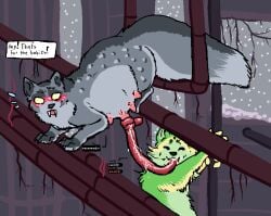 ambiguous_gender blush bodily_fluids breast_milking climbing closed_eyes duo feral fur furry green_body green_fur grey_body grey_fur lactating markings milk pipe pregnant prehensile_tongue rain_world saint_(rain_world) simple_background slugcat spots spotted_body spotted_fur sweat sweatdrop teats tongue videocult welcometaco yellow_eyes