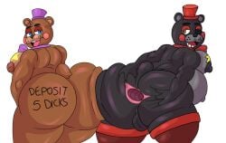 2boys anthro anthro_only anus ass ass ass_focus ass_squish back_view backview balls ballsack bear big_ass big_ass_(male) big_ass_cheeks big_belly big_butt big_butt_(male) big_butt_cheeks big_buttocks big_moobs big_stomach black_fur blue_eyes blue_eyes_male body_writing bow_tie bowtie bowtie_collar brown_eyes brown_eyes_male brown_fur butt_focus duo_male dup femboy femboy_only five_nights_at_freddy's fnaf fnaf6 freddy_fazbear's_pizzeria_simulator furry furry_only furryonline1 gaping gaping_anus grabbing_ass grabbing_own_ass gut hat inviting inviting_to_sex jpeg lefty_(fnaf) lidded_eyes male male_ass male_ass_focus male_boobs male_breasts male_butt male_butt_focus male_nipples male_only man_boobs moobs no_females no_humans one_color_background only_furry only_male open_mouth plain_background possibly_pregnant presenting presenting_anus presenting_ass presenting_hindquarters purple_bowtie purple_top_hat red_bowtie red_eyeshadow red_top_hat rockstar_freddy shiny_skin simple_background spreading spreading_ass spreading_own_anus stockings stomach tail text_on_ass top_hat tophat ursid video_games white_background writing_on_body