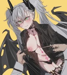 areola_slip bow_(bhp) breasts fate/grand_order fate_(series) female lilith_(fate) male_out_of_frame nipples no_bra open_clothes panties pasties pasties_removed
