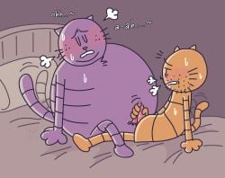 2025 anthro bed big_jim_(dog_man) blush bodily_fluids closed_eyes dogman_(series) domestic_cat duo erection felid feline felis frottage furniture genital_fluids genitals grampa_(dog_man) hi_res male male/male mammal ohmeowgay overweight overweight_male penile penis pillow precum sex sitting sweat tail tail_motion tailwag