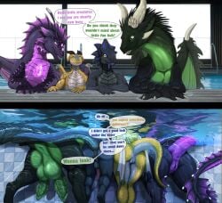 2_penises animal_genitalia anthro anus balls dialogue diphallism dragon english_text feral genital_slit genitals group hi_res horizontal_diphallism ishiru male multi_genitalia multi_penis mythological_creature mythological_scalie mythology penis perineum raised_tail rear_view scalie smile tail text