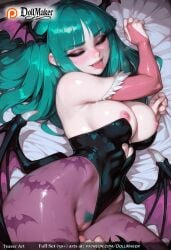 ai_generated animal_print aqua_hair bare_shoulders bat_print bat_wings bed bed_sheet black_leotard blue_legwear blush breasts breasts_outside bridal_gauntlets cleavage closed_eyes clothing_cutout demon_girl demon_wings dollmaker feather_trim gloves green_hair head_wings heart_cutout highleg highleg_leotard koakuma large_breasts leotard leotard_pull lilith_aensland long_hair low_wings morrigan_aensland multiple_girls nipples open_mouth oral orange_gloves pantyhose print_legwear purple_legwear purple_wings red_leotard tagme thong_leotard tongue tongue_out wings yuri