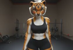 ai_generated anthro anthropomorphic beautiful feline feline_humanoid female fur furry furry_only gym gym_clothing kung_fu_panda master_tigress red_eyes seductive seductive_look seductive_smile sexy sexy_body sexy_pose smiling_at_viewer tiger tiger_girl tigress tigress_(kung_fu_panda)