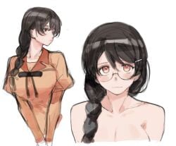 2d artist_request bad_id bad_twitter_id bakemonogatari bare_shoulders braid breasts completely_nude female glasses hair_ornament hairclip hanekawa_tsubasa highres large_breasts long_braid long_sleeves looking_at_viewer monogatari_(series) multiple_pov naoetsu_high_school_uniform nude pov puffy_long_sleeves puffy_sleeves red_eyes round_eyewear rrr_ato school_uniform simple_background unworn_eyewear upper_body white_background