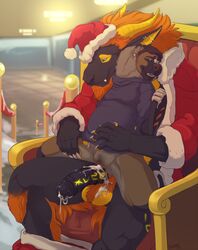 2015 anthro balls bear black_penis breasts brown_fur christmas claws clothed clothes cum cum_in_pussy cum_inside dragon duo ear_piercing explicital fangs female fur furred_dragon holidays horn male mammal open_mouth penis piercing pussy sandalf scalie sex smile straight teeth