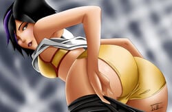 1girls asian ass big_hero_6 black_hair bra brown_eyes dark_hair disney female female_only gogo_tomago irillthedreamer lingerie marvel panties purple_hair short_hair solo tagme two_tone_hair undressing