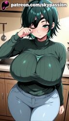 1girls 2025 ai_assisted ai_generated anime artist_name big_breasts blush breasts bust chainsaw_man chest clothed_female denim eyepatch female female_focus female_only green_eyes green_hair green_sweater hi_res high_quality high_resolution highres himeno_(chainsaw_man) jeans pants patreon patreon_username ribbed_sweater short_hair sitting skypassion smile solo stable_diffusion sweater thighs watermark