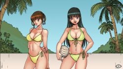 2girls beach bikini black_hair breasts brown_eyes brown_hair cg cleavage day earrings female front-tie_top hentai_heroes kasumi_(doa) kinkoid large_breasts lipstick long_hair looking_at_viewer makeup multiple_girls navel official_art outdoors palm_tree parody plant potted_plant purple_eyes retro_artstyle rumiko_(hentai_heroes) short_hair sky smile standing swimsuit tree yellow_bikini
