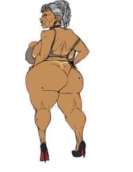 1girls black_shoes bra breasts earrings full_body gilf grey_hair high_heels hoop_earrings huge_ass huge_breasts looking_back old_woman original simple_background smmyart solo standing thick_thighs white_hair wrinkles