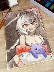 :d ahoge animal_ears bangs bare_shoulders black_choker choker eyebrows_visible_through_hair female grey_hair hair_between_eyes hair_ornament hairclip holding jacket little_luly long_hair looking_at_viewer momotexx_(vtuber) off_shoulder open_mouth photo red_eyes silver_hair smile solo stuffed_animal stuffed_toy thick_eyebrows traditional_media upper_body virtual_youtuber vyugen watercolor_(medium)