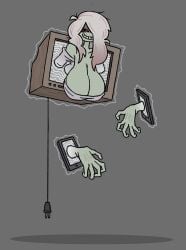 1girls 2d 2d_(artwork) bare_shoulders big_breasts breasts cleavage coming_out_of_tv female female_only floating floating_hands ghost ghost_girl green_skin huge_breasts large_breasts oc original_character red_hair smile solo solo_female tv verdantmosu white_hair