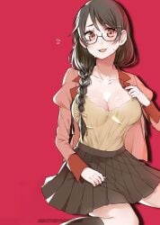 :3 artist_name black_hair blush braid breasts brown_hair cleavage female glasses hanekawa_tsubasa highres large_breasts looking_at_viewer monogatari_(series) school_uniform skirt solo sweat underwear