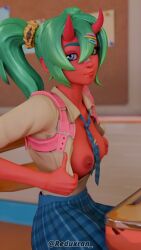 bandage bandage_on_face bandage_on_nose clothed clothed_female clothing demon demon_girl demon_horns fingerless_gloves flash flashing flashing_breasts fortnite gloves green_hair hair hair_ornament hairclip hairclips looking_at_viewer mostly_clothed mostly_clothed_female nemia_(fortnite) oni oni_female oni_horns opening_shirt public public_exposure public_nudity red_skin reduxran school school_desk schoolgirl shirt shirt_open twintails