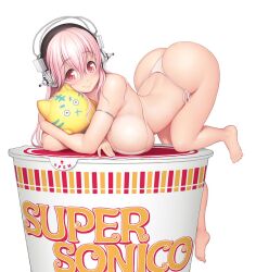 ass ass_up bikini blush brand_name_imitation breasts cleavage crossed_bangs cup curvaceous curvy curvy_figure face_down_ass_up female female_focus food headphones highleg highleg_bikini huge_ass large_breasts long_hair looking_at_viewer nissin_cup_noodle nitroplus official_art pink_eyes pink_hair ramen side-tie_bikini_bottom simple_background skindentation smile solo stuffed_toy super_sonico swimsuit thick_ass thick_thighs thong thong_bikini tsuji_santa white_background white_bikini