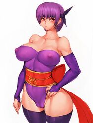 ayane_(doa) blush breasts cleavage dead_or_alive erect_nipples female female_only fumio_(rsqkr) headband human large_breasts leotard obi purple_hair red_eyes ribbon short_hair sleeves solo standing tecmo thighhighs