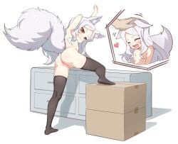 ass black_thighhighs breasts female fox_ears fox_girl fox_tail kitsune long_hair naked nipples nude pussy pussy_juice red_eyes sewayaki_kitsune_no_senko-san shiro_(sewayaki_kitsune_no_senko-san) small_breasts thighhighs white_hair white_tail