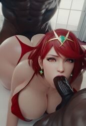 1girls 2boys 3d ai_generated all_fours anal anal_sex big_ass big_breasts big_penis bikini blowjob dark-skinned_male earrings exposed_breasts fellatio female_focus front_view gangbang generalbutch_(style) huge_ass huge_cock interracial light-skinned_female looking_at_viewer massive_breasts mmf_threesome multiple_boys on_knees pyra red_bikini red_eyes red_hair short_hair sodaglow_artist tagme thick_thighs threesome tiara xenoblade_(series) xenoblade_chronicles_2