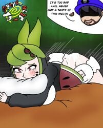 1boy 1girls ass crying_with_eyes_open cum cum_on_ass doggy_style face_markings female male melony_(smg4) sex sex_from_behind skirt_lift smg3 smg4